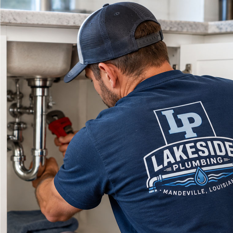 Lakeside Plumbing technician working under a kitchen sink
